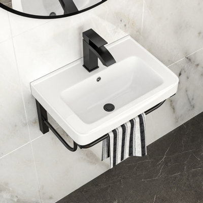 19.47"X14.34" Wall - Mounted Ceramic Bathroom Sink With Black 304 Stainless Steel Towel Bar, Floating Installation, Corrosion , Low Water Absorption Rectangular For Overflow And Weight Bearing, Easy