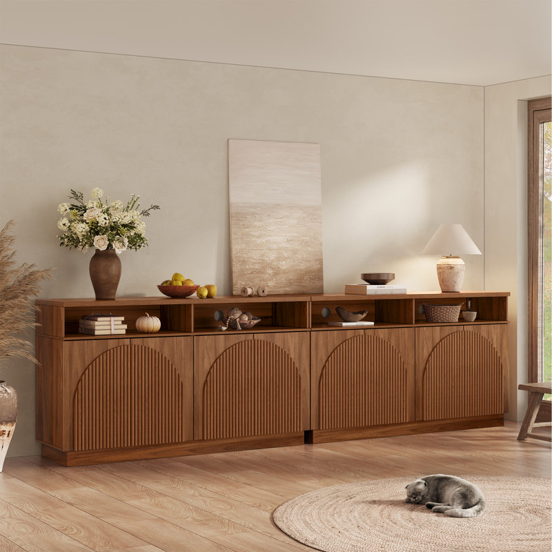 Designer 55'' Curved Three-dimensional Texture Sideboard（set Of 2）, Walnut