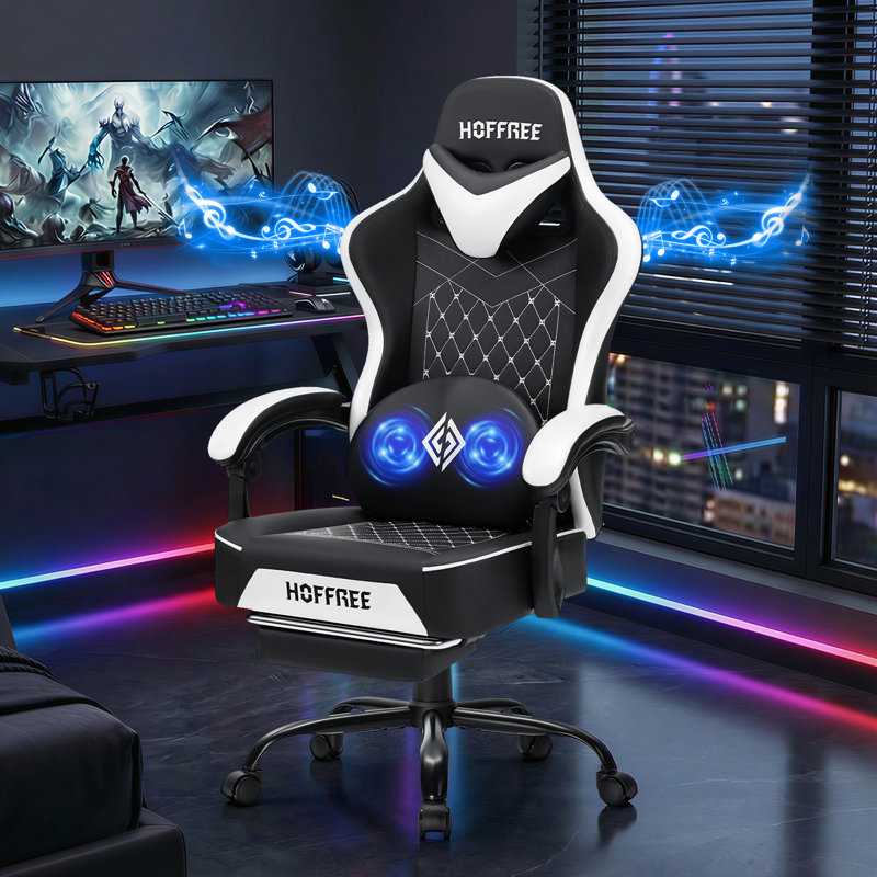 Fauteuil inclinable et ergonomique en similicuir avec haut-parleurs Bluetooth, Blanc/Noir