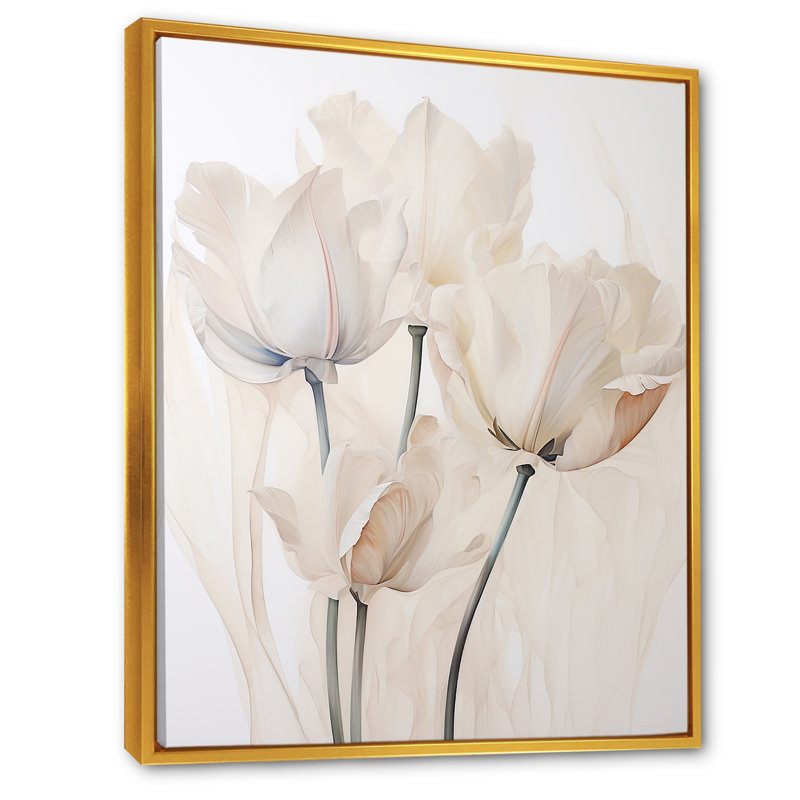 «Minimalisme beige tulipes symphonie I sur toile», Cadre flottant doré, H 44 po x l 34 po x P 1,5 po