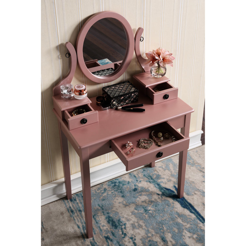 Wood Vanity Table And Stool , Rose Gold Brilliance - 3 Storage Compartments, Adjustable Oval Mirror, Expansive Tabletop For Cosmetics, Comfortable Ensemble, Drawers, Broad Beauty Accessories, Padded