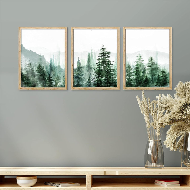 «Woodland Forest Landscape Green Forest Pine Tree Nature Landscape», reproduction d'art encadrée 3 pièces, Naturel