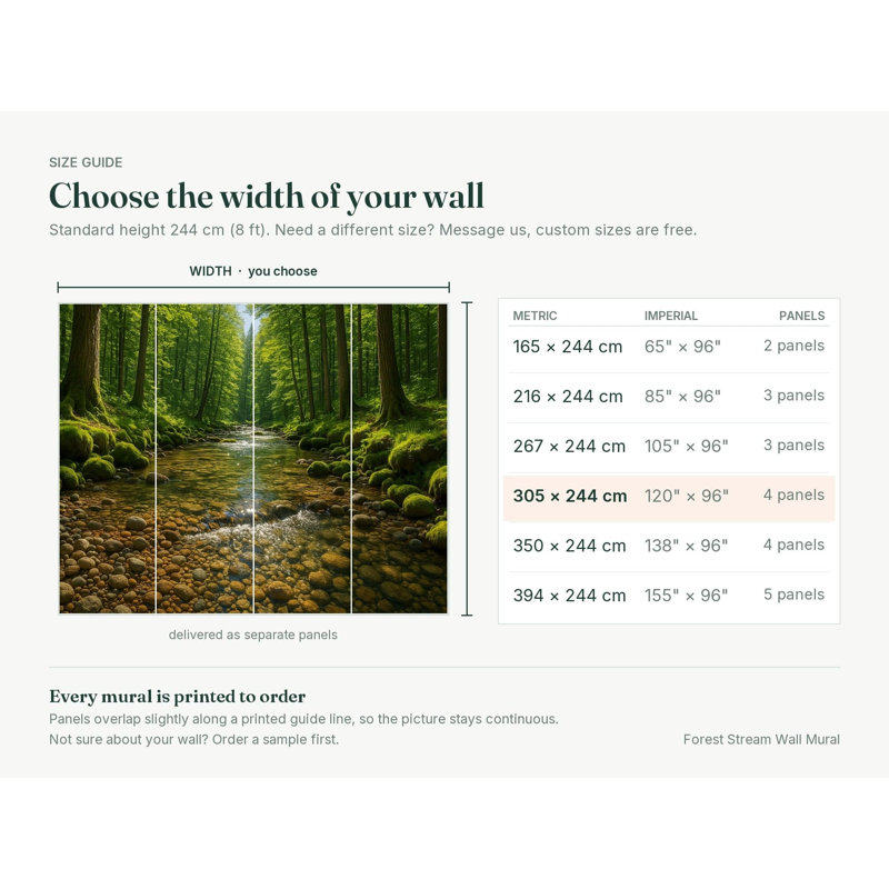 Forest Stream Wall Mural, Peel and Stick Self Adhesive Nature Wallpaper, Removable Satin Finish Woodland Wall Decor for Living Room and Bedroom, 65"W x 96"H