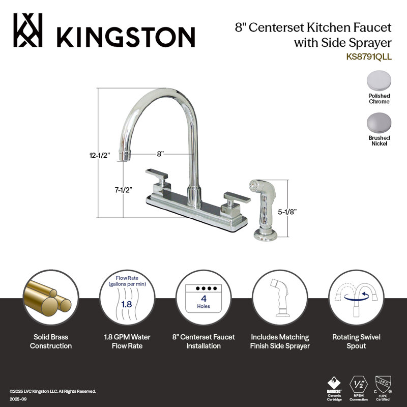 Kingston Brass Executive Two-Handle 4-Hole 8" Centerset Kitchen Faucet with Side Sprayer, Satin Nickel