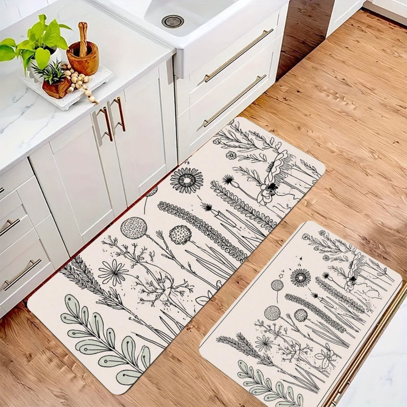 Croquis de fleurs sauvages, ensemble de 2 tapis de cuisine