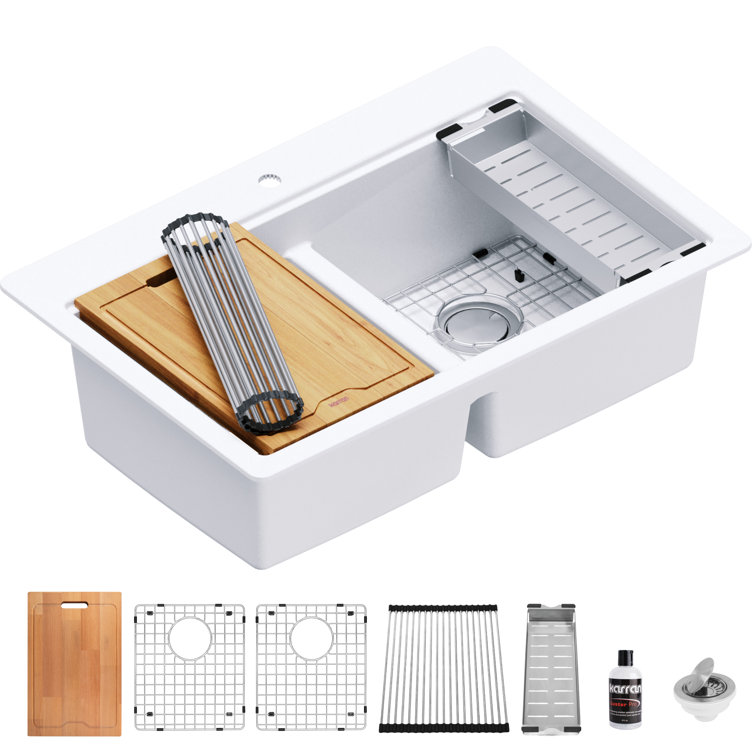 Quartz Top Mount Sinks 33'' L Drop-In Double Bowl Kitchen Sink