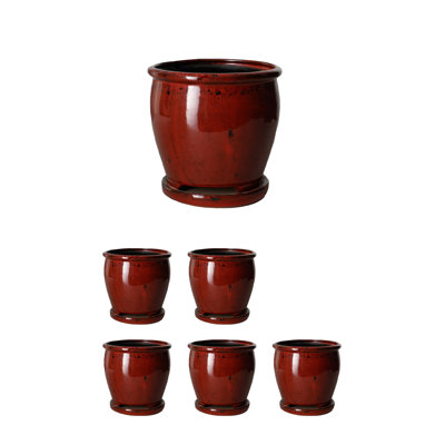  Sora Red Ceramic Planter, Indoor Plant Pot With Built-In Saucer, Glaze Flower Pot For Houseplants, Herbs, Succulents, Home Or Office Décor, 7" Diameter & 7" Tall, Pack Of 6