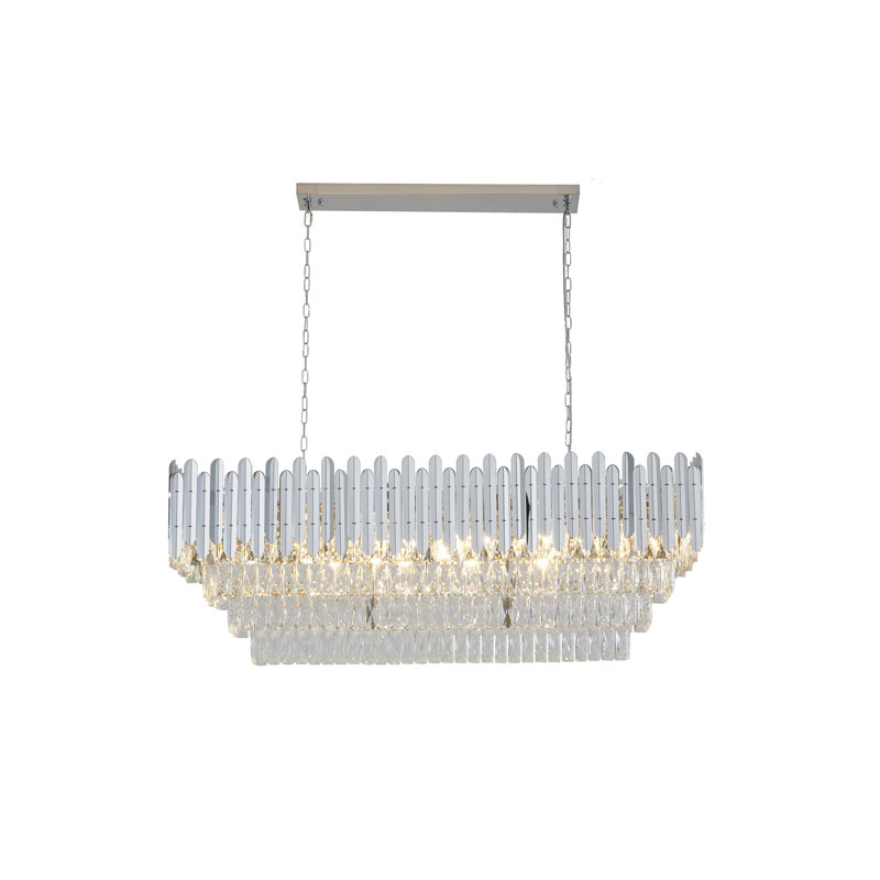 Lustre 14 lumières en acier inoxydable chromé avec détails en cristal transparent, Chrome