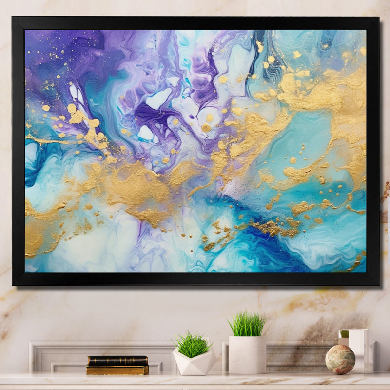 Impression sur toile turquoise et mauve liquide IV - Fractals, Cadre simple noir, H 24 po x l 32 po x P 1 po