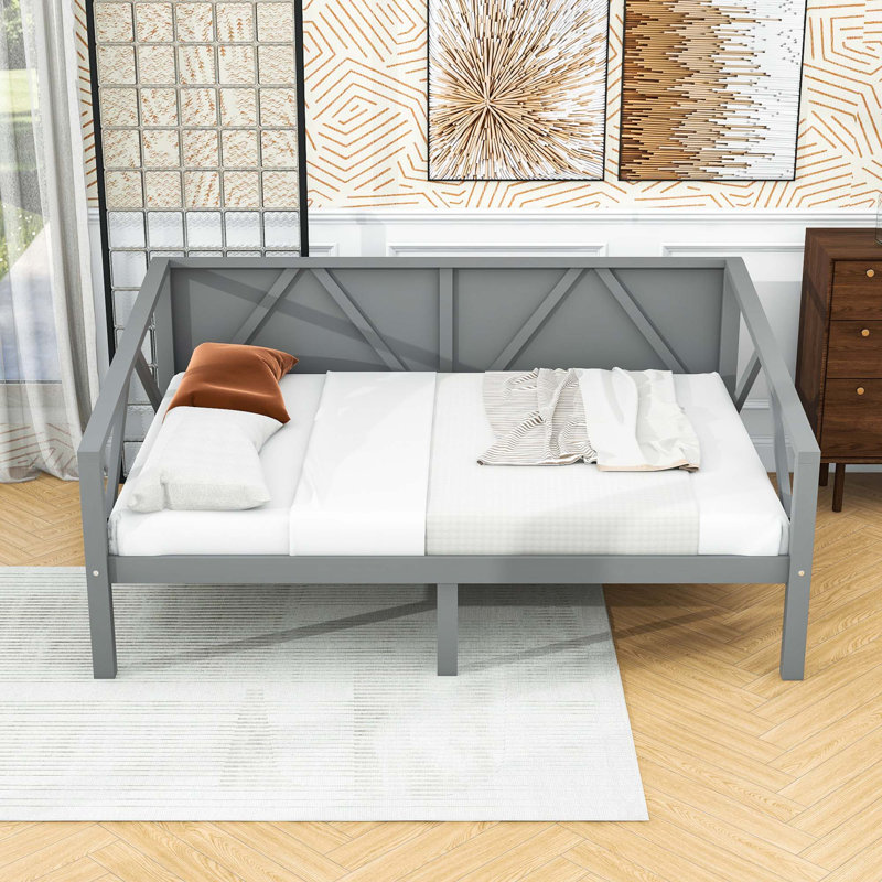 Lit de jour en bois avec pieds centraux et rangement sous le lit, Gris, Lit double