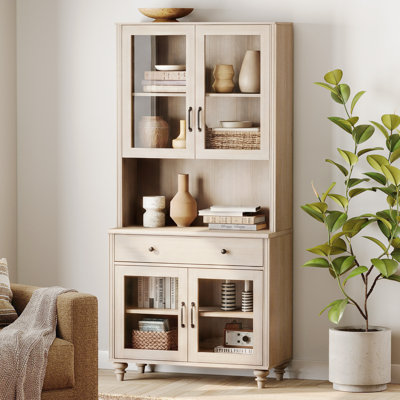Bibliothèque à 5 niveaux H 72 po x l 33,9 po avec portes en verre et grand meuble de rangement, étagère à livres avec tiroir en bois, bibliothèque en bois de style maison de campagne, salon, bureau, cuisine, beige