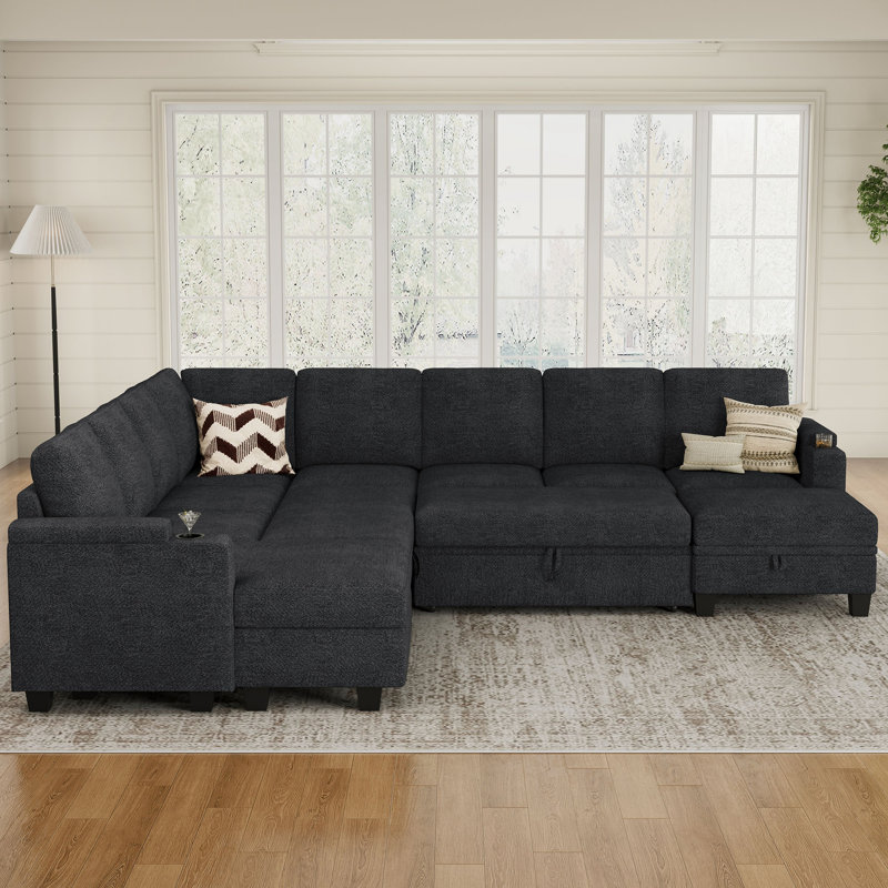 Januelle Oversized 119.9'' Long Sofa Bed Chenille Storage Sectional Sofa With Ottoman, Dark Gray Chenille