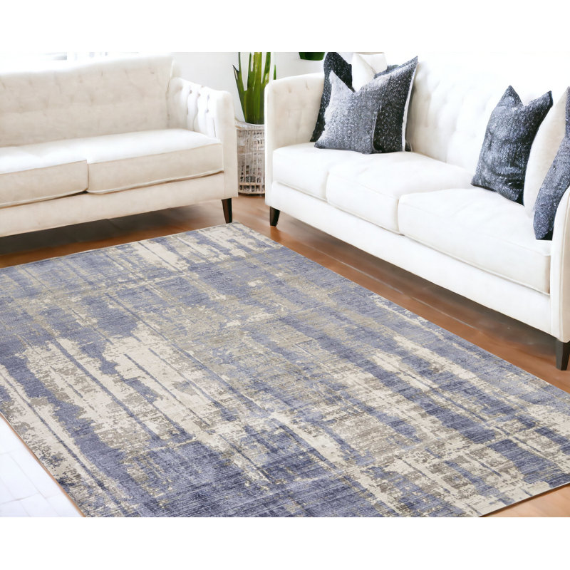 Tapis bleu et gris à motif abstrait tissé à la main 8 pi, Rectangle 8 pi x 11 pi