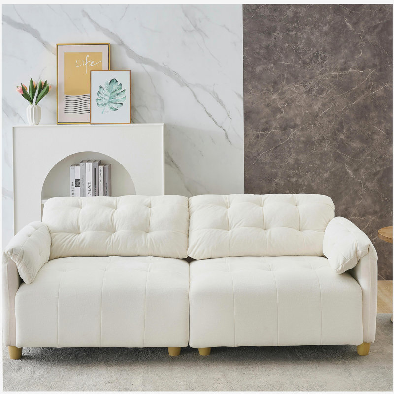 Canapé droit français à motif de nuage double en tissu crème de style rétro, convenant au salon., Beige