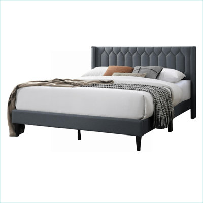 Upholstered Queen Platform Bed, Burlap Charcoal, Diamond Stitched Headboard, No Box Spring Required For Bedroom Use
