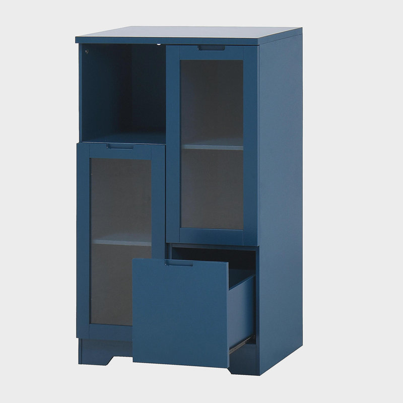 Armoire peinte en panneau de fibres à densité moyenne avec portes et tiroir en verre, espace de rangement ouvert, Bleu