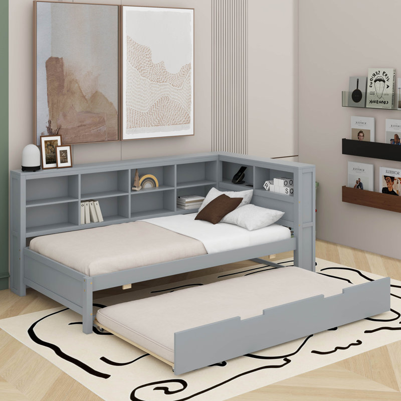 Daybed With Trundle, Shelf And USB Charging Ports, Gray, Twin