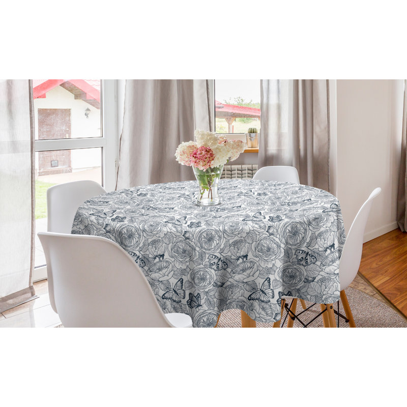 Ambesonne Floral Round Tablecloth, Detailed Sketch Look Butterflies On Wild Roses Repetitive, Circle Table Cloth Cover For Dining Room Kitchen Decoration, 60", Pale Blue Purpleblue