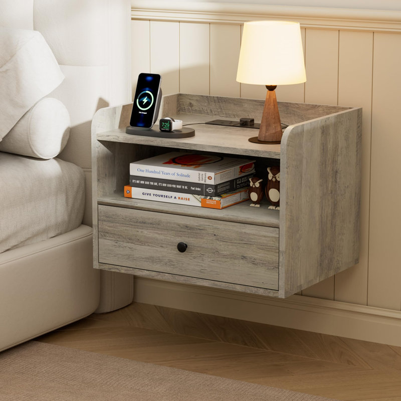 40 cm W Solid Wood Bedside Table, Grey