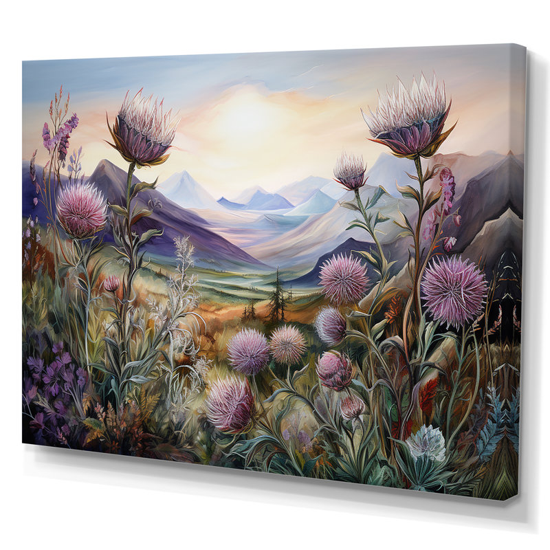 «Mauve chardon champ montagne breloque - chardon», art mural encadré, H 16 po x l 32 po x P 1 po, Toile tendue