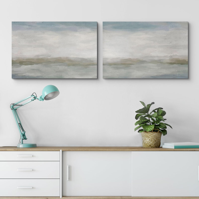 "Misty Horizons, aquarelle subtile, paysage côtier abstrait", 2 pièces, H 24 po x l 36 po, Toile tendue