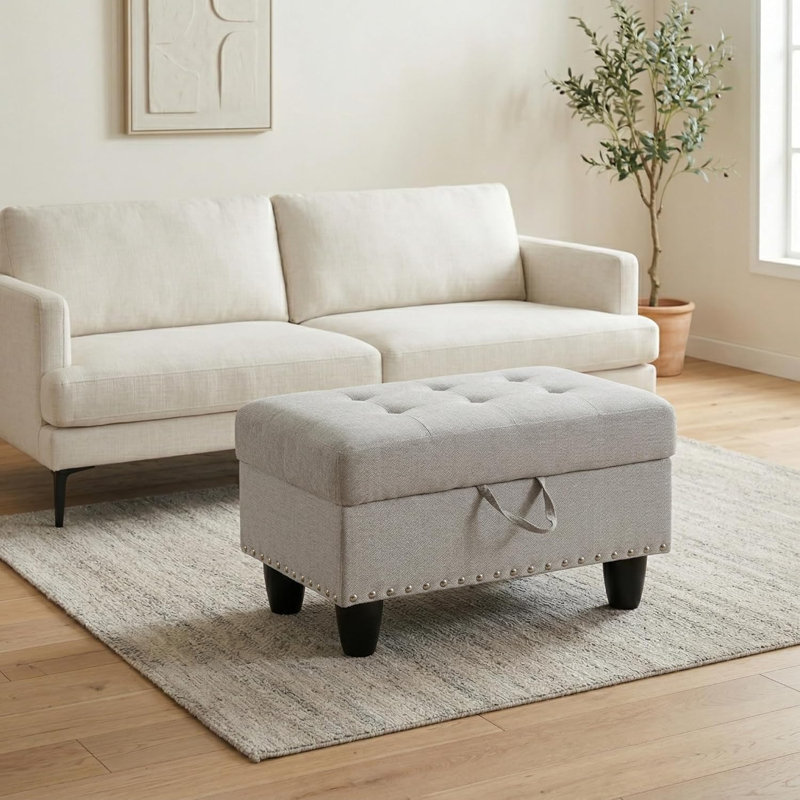 28.5'' Wide Tufted Linen Storage Ottoman with Nailhead Trim - Gray