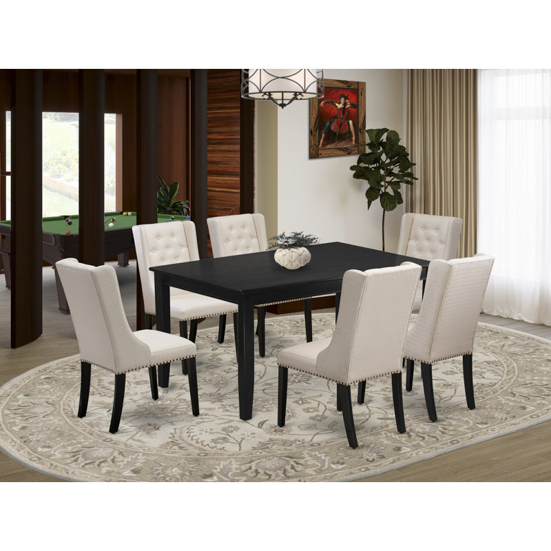 7 Piece Dining Room Table Set Consist of a Rectangle Wooden Table and 6 Cream Linen Fabric Upholstered Parson Chairs, Black