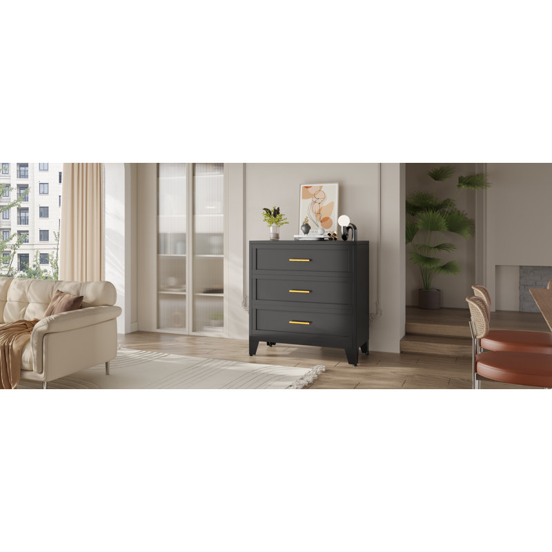 Black Metal Modern 3-Drawer Dresser with Gold Handles