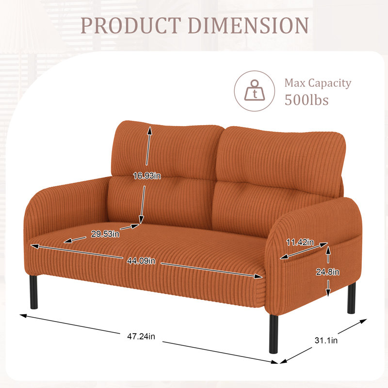 Élégant lit double en velours côtelé orange, équipé de coussins à haute densité et de poches latérales Élégante éponge orange, structure en bois massif, fonction de rangement