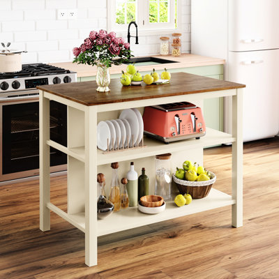 Style Kitchen Island With Butcher Block Top - Walnut, Cream White Medium Rustic Appeal Walnut&Cream Wood