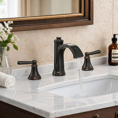 Widespread Bathroom Faucet with Pop-Up Drain, 2-Handle Waterfall Bathroom Sink Faucet for 4"–16" 3-Hole Sinks