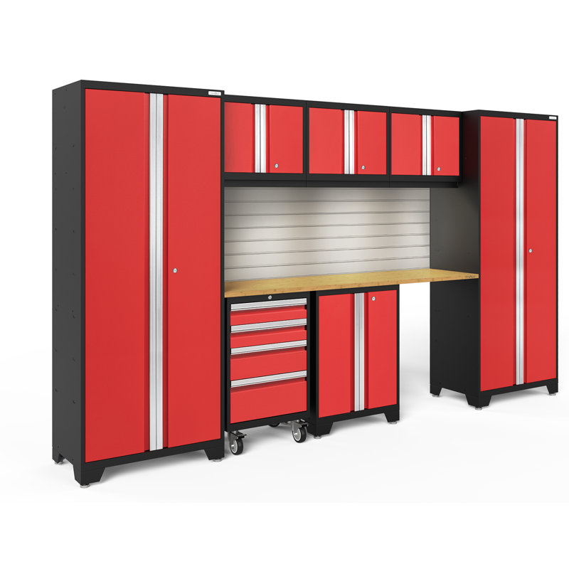 Bold Series 8 Piece Cabinet Set, Bamboo, LED Light, Red
