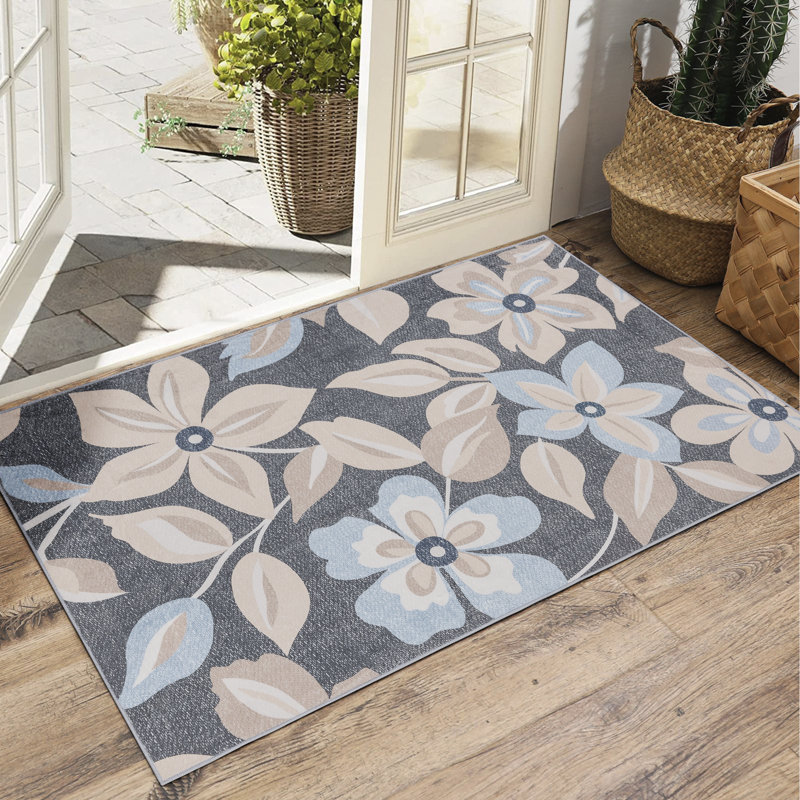 Machine Washable Boho Floral Area Rug Non-Slip Backing Charcoal Blue/Beige Indoor Carpet for Living Room, Bedroom, Hallway Runner