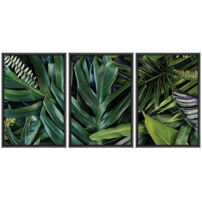 «Lush Green Jungle Leaves Close Up Botanical Decor», reproduction d'art sur toile encadrée 3 pièces
