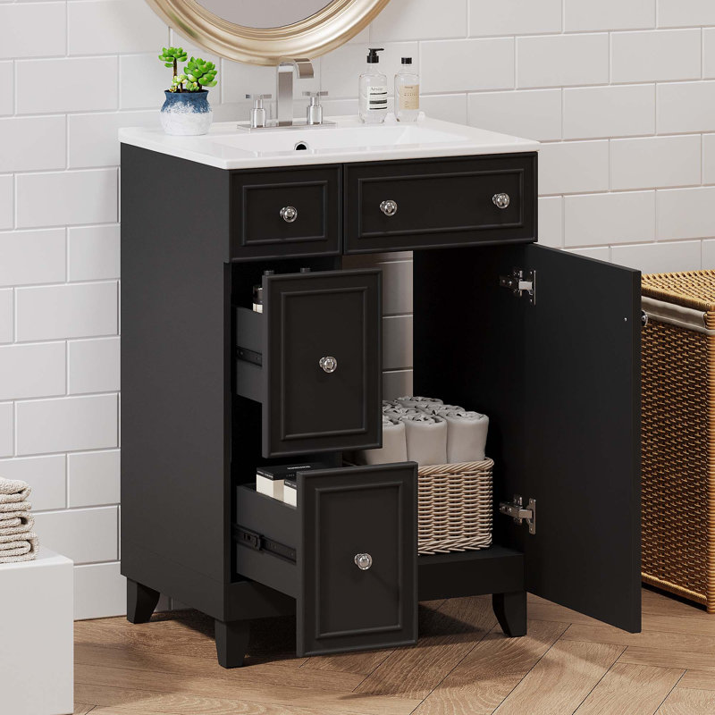 Armoire de salle de bain avec lavabo en céramique, 2 tiroirs et 1 porte, Noir