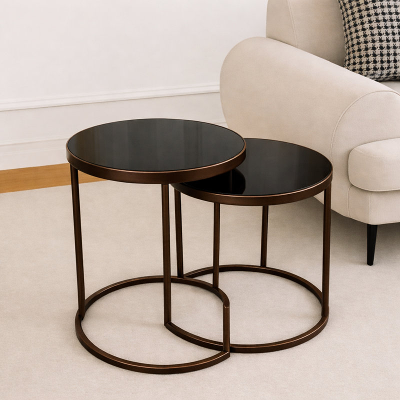 Table gigogne | Plateau en marbre noir et cadre en métal brun | Ensemble de 2