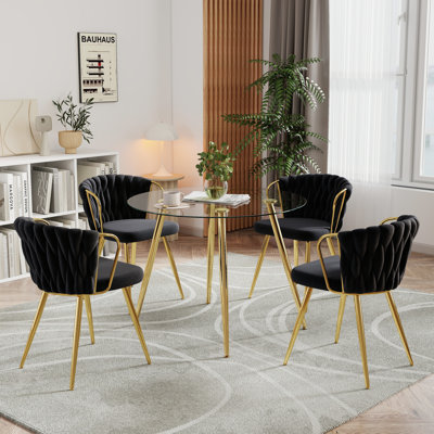 5-Piece Golden Round Glass Dining Table Set for 4 by Mercer41