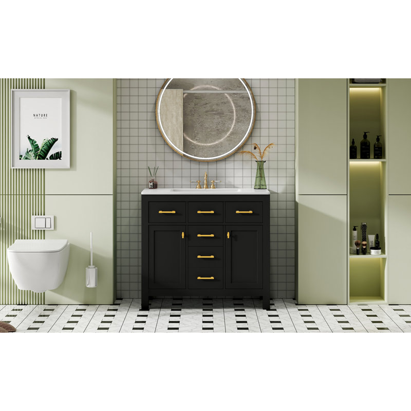 Meuble-lavabo moderne avec lavabo en céramique, armoire 36 po à 4 tiroirs et 2 portes, bois massif, finition noire, Noir