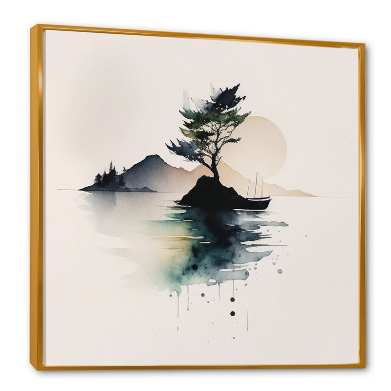 «Green Watercolor Tree by the Lake», reproduction sur toile, H 16 po x l 16 po x P 1 po, Cadre flottant doré