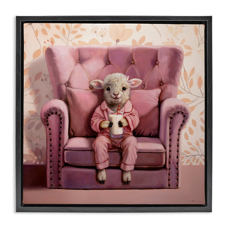 «Baby Cow in Pink Chair» par Lucia Heffernan, Cadre flottant noir de jais, H 25 po x l 25 po x P 1,7 po