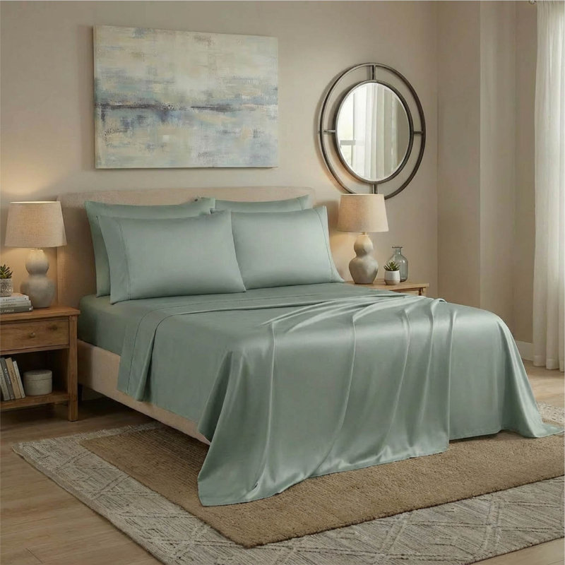 adamstown 1500 Thread Count 6 Piece Premium Cotton Rich Sateen Sheet Set, 4 Pillow Cases, 1 Fitted Sheet, 1 Flat Sheet, Fits Mattresses up to 16” Deep,  King Size, Sage Green