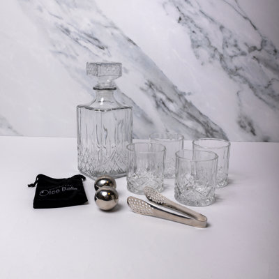 BarCraft Cut Glass Decanter With Glasses And Ice Balls Whisky Set