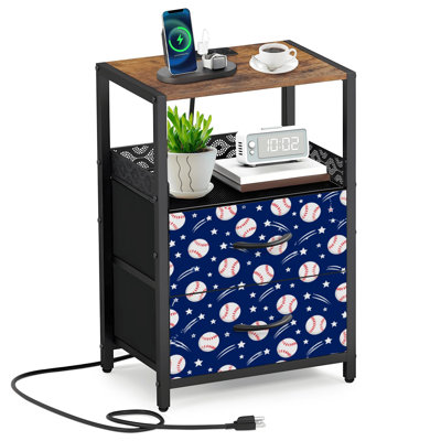 Table de chevet 2 tiroirs en tissu avec station de charge Baseball Red Stitches Stars