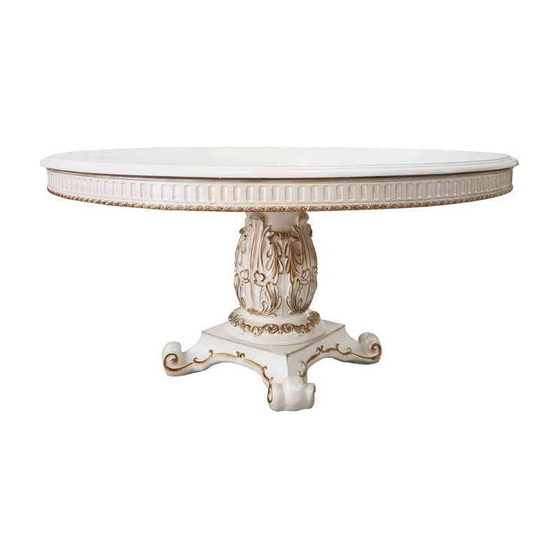 Antique Pearl Finish Round Wooden Dining Table with Pedestal Base