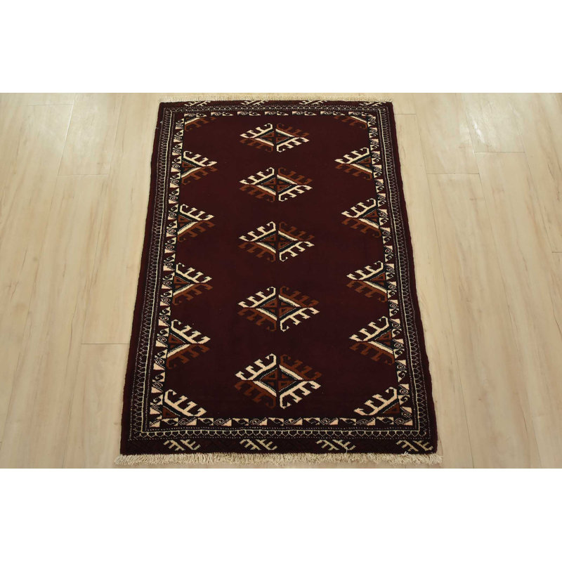 Tapis oriental rétro en laine rouge noué à la main 2 pi 10 po x 4 pi 1 po Tribal
