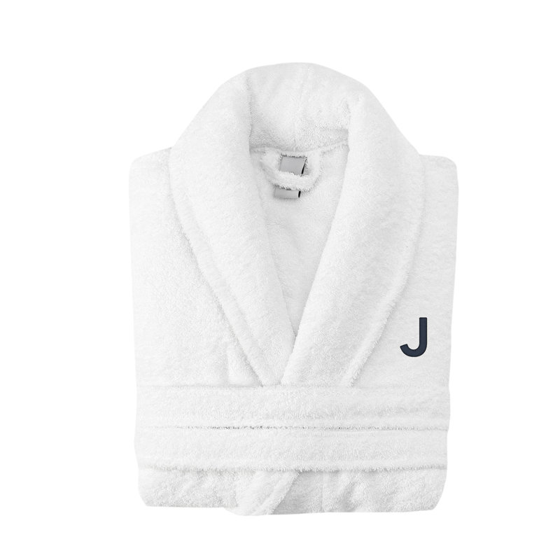 Peignoir monogramme en coton turc châle, J, Blanc