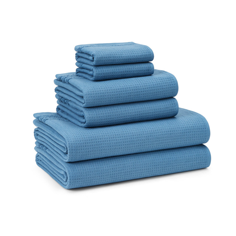TOWN & COUNTRY BASICS 6-Piece Assorted Waffle Woven Terry Stripe Set, 2 Bath, 2 Hand, 2 Wash, 100% Cotton, Quick Dry, Blue