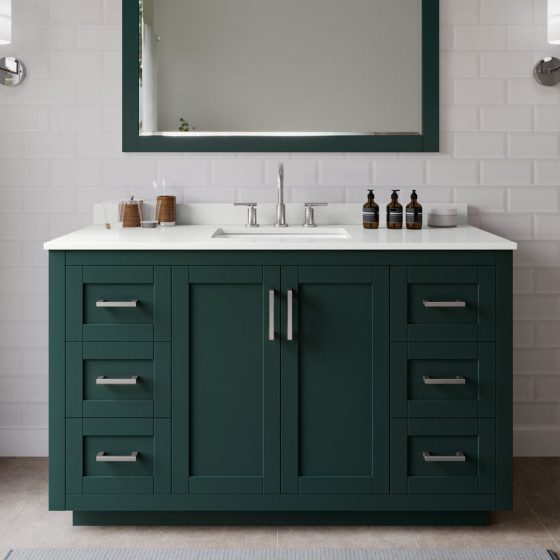 Miranda 54" Freestanding Single Bathroom Vanity with Quartz Top, White Quartz, Green, Brushed Nickel