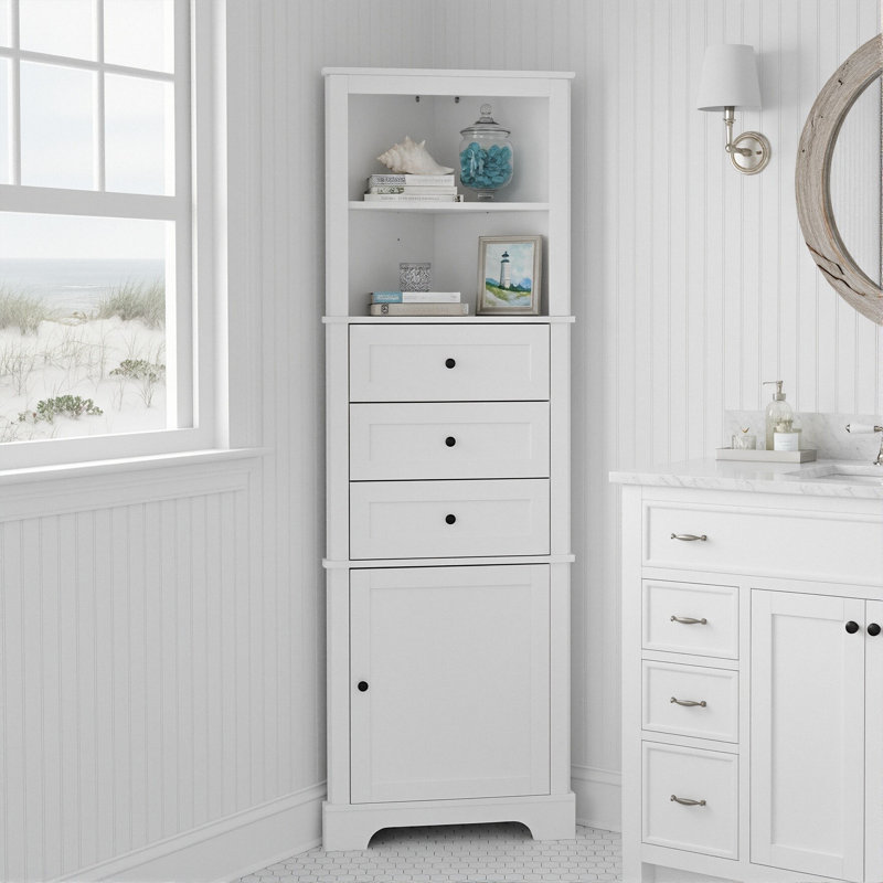 Armoire d'angle de 68,9 po de hauteur, tour de rangement triangulaire avec 3 tiroirs et tablettes réglables, Blanc