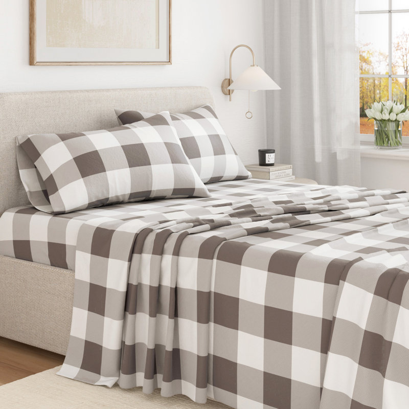 Ensemble de draps 100% flanelle de coton, Très grand californien avec deux taies d'oreiller, Gros carreaux - gris